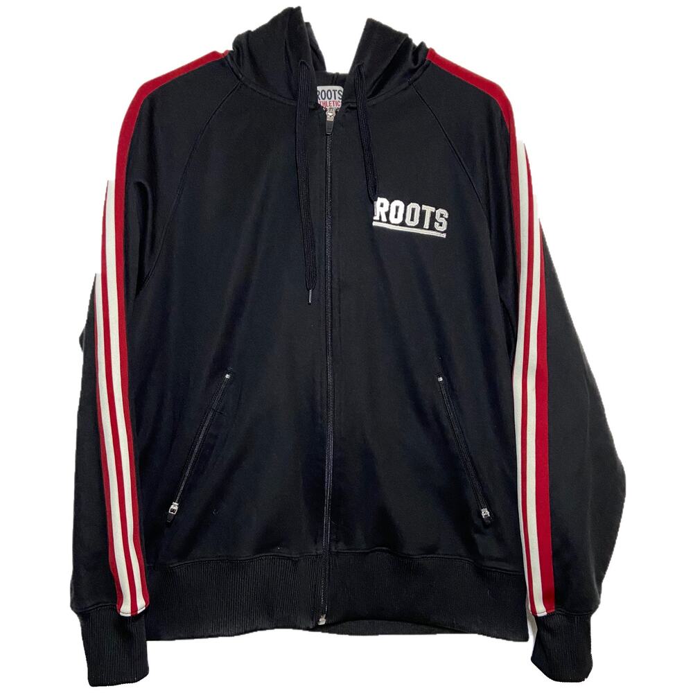 ROOTS Athletics Full Zip Hoodie Track Jacket Red Striped Drawstring Black M